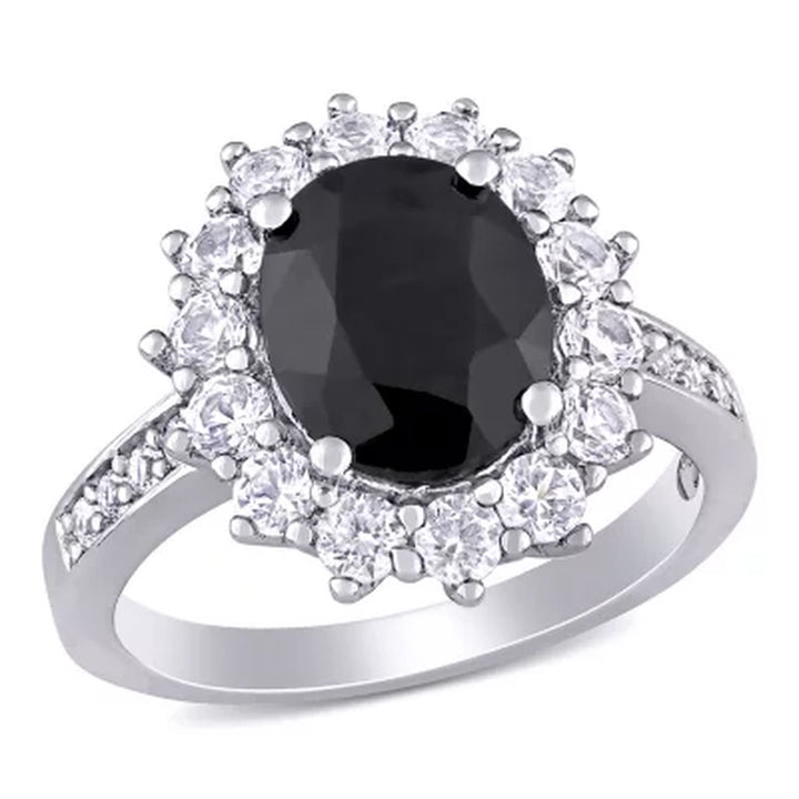 Oval Cut Black Sapphire and Created White Sapphire Halo Ring in Sterling Silver