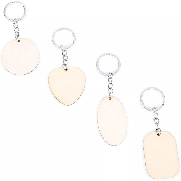 Bright Creations 12 Pack Unfinished Wooden Keychain Blanks with Key Rings for DIY Arts & Crafts, Round, Oval, Heart & Rectangle Shapes