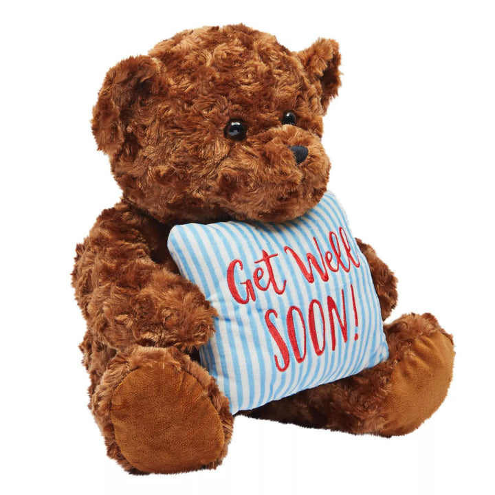 Get Well Soon Bear Plush Pillow, Get Well Soon Bear for Kids, Adults (Dark Brown, 14 In)