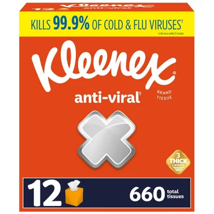 Kleenex Anti-Viral 3-Ply Facial Tissues, Cube Boxes 55 Tissues/Box, 12 Boxes