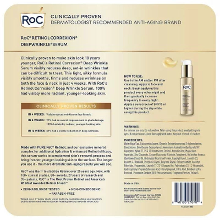 Roc Retinol Correxion Deep Wrinkle Facial Serum, Anti-Wrinkle Treatment Made with Retinol, 1 Oz., 2 Pk.