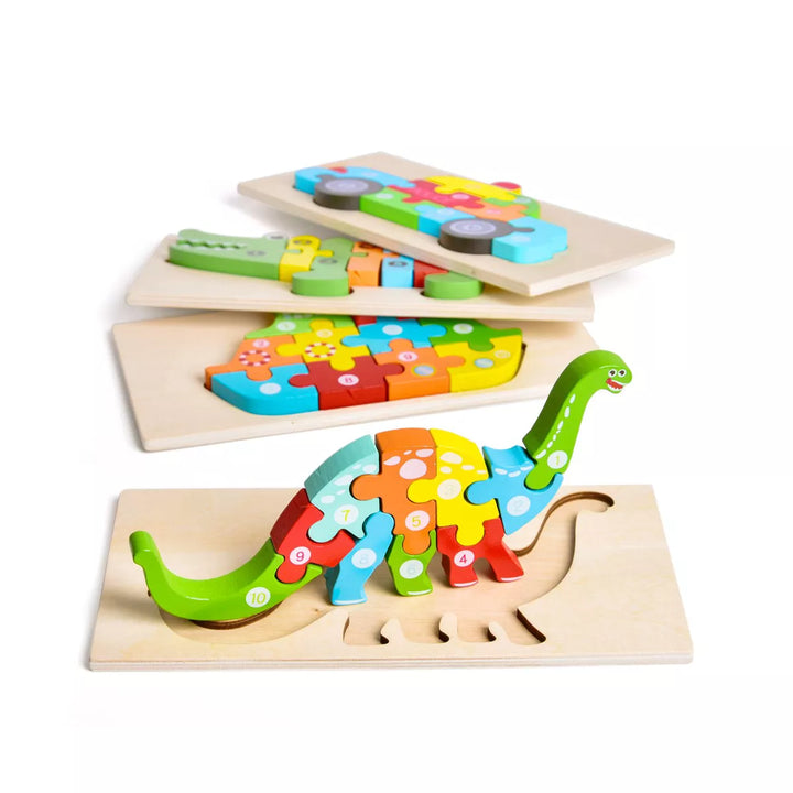 Fun Little Toys 4 PCS Wooden Animal & Vehicles Puzzle Set