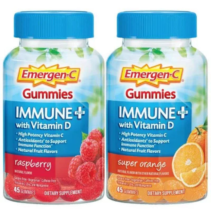 Emergen-C Immune+ Gummies with Vitamin D, Raspberry and Super Orange 45 Ct./Pk., 2 Pk.