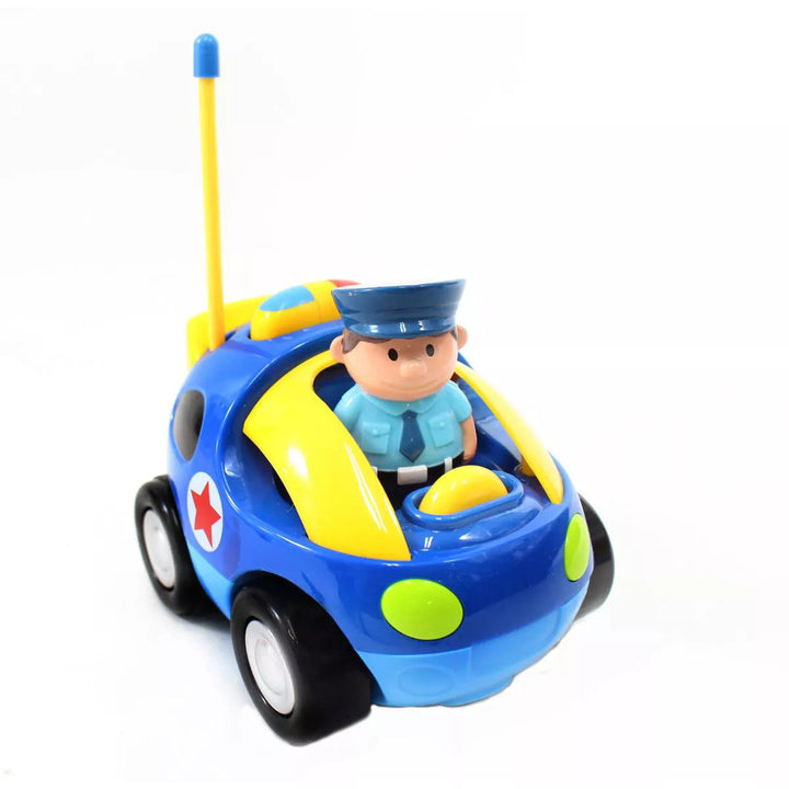 Link 4" Cartoon RC Police Car with Music, Lights & Action Figure, Remote Control Toy for Toddlers & Kids | Blue