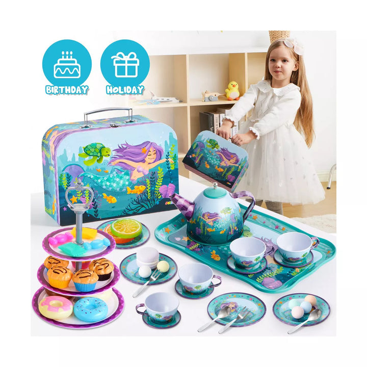 JOYIN 35Pcs Mermaid Tea Party Set for Little Girls, Pretend Tin Teapot Set for Birthday Easter Gifts Kids Toddlers Age 3 4 5 6