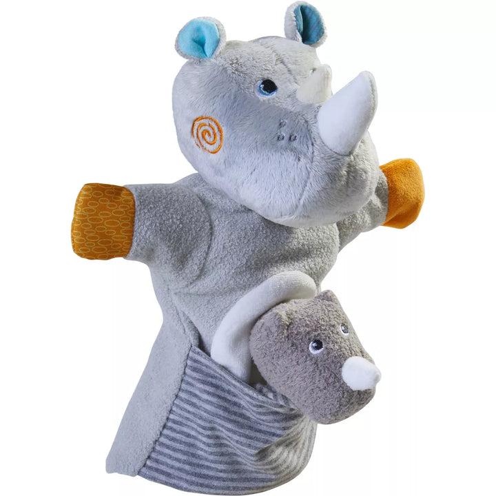 HABA Rhino with Baby Calf - Hand Puppet and Finger Puppet 2 Pc Set