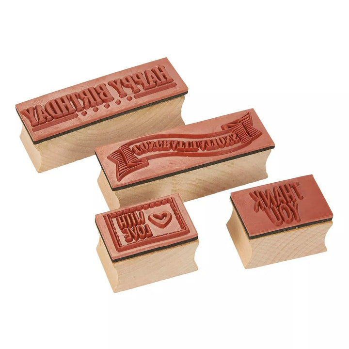 4-Piece Card Making Stamps Set - Wood Mounted Rubber Stamps for Card Making - Happy Birthday, Thank You, Congratulations, with Love