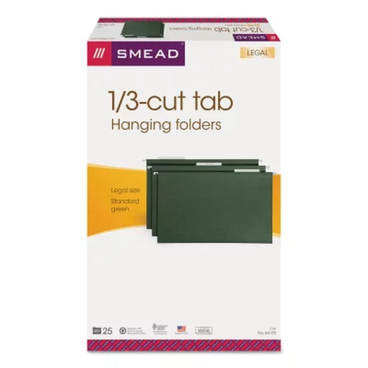 Smead 1/3 Cut Adjustable Positions Hanging File Folders, Green Legal, 25Ct.