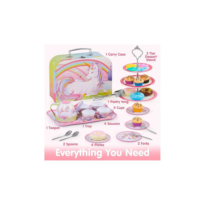 Syncfun 35Pcs Unicorn Tea Party Set for Gifts Kids Toddlers Age 3 4 5 6, Pretend Tin Teapot Set with Dessert, Doughnut, Carrying Case