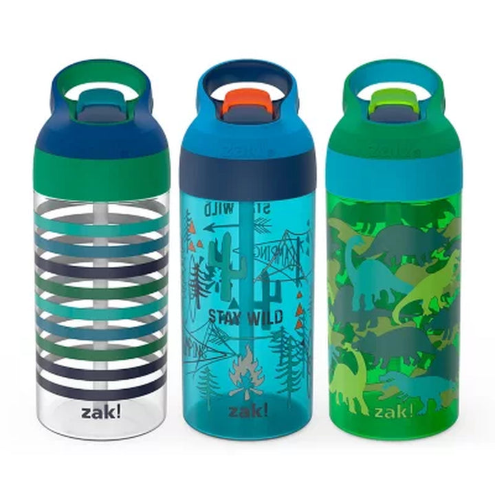 Zak Designs 17.5-Oz. Tritan Water Bottle 3-Pack Set Reuseable Plastic with One-Touch Lid, Silicone Spout with Cover (Assorted Colors)