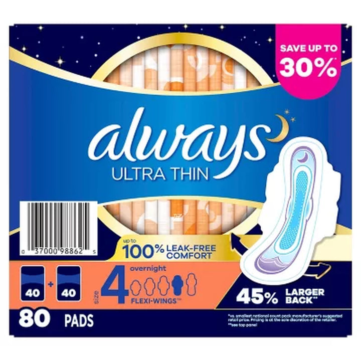 Always Ultra Thin Overnight Pads with Flexi-Wings, Unscented - Size 4, 80 Ct.