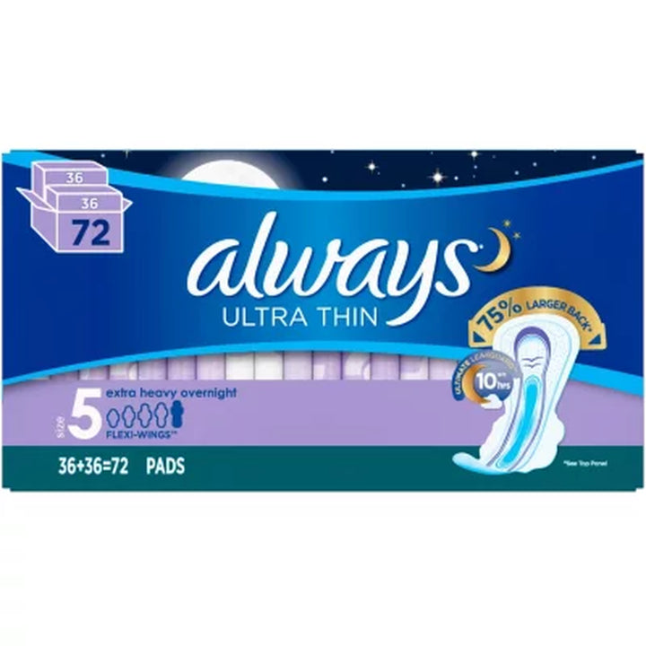 Always Ultra Thin, Size 5, Extra Heavy Overnight Pads with Wings, Unscented, 72 Ct.