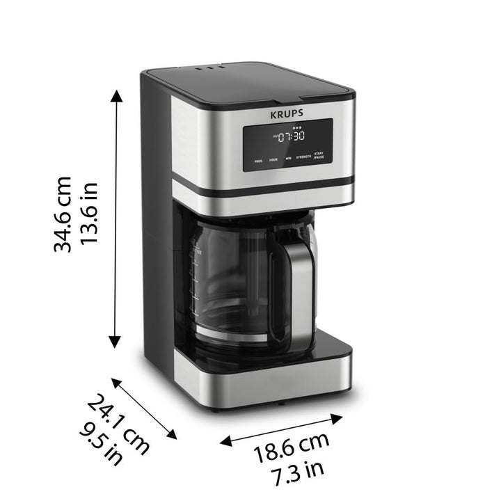 Krups Coffee Maker 10 Cups Digital Simply Brew Stainless Steel Drip Coffee Maker 900 Watts Digital Control, Coffee Filter, Drip Free, Dishwasher Safe Pot Silver and Black 10-Cup Glass & Digital