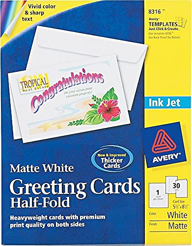 Avery Printable Greeting Cards with Envelopes, Half-Fold, 5.5" x 8.5", Matte White, 30 Blank Greeting Cards for Inkjet Printers (08316) 30 cards Card Stock