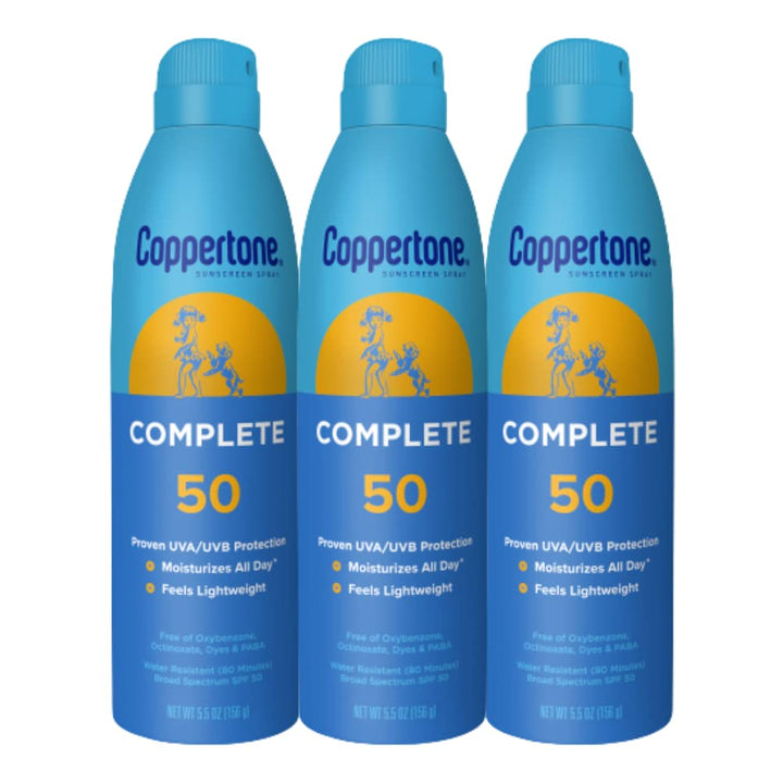 Coppertone COMPLETE SPF 50 Sunscreen Spray, Lightweight, Moisturizing Sunscreen Pack, Water Resistant Spray Sunscreen SPF 50, 5.5 Oz Spray, Pack of 3 5.5 Ounce (Pack of 3)