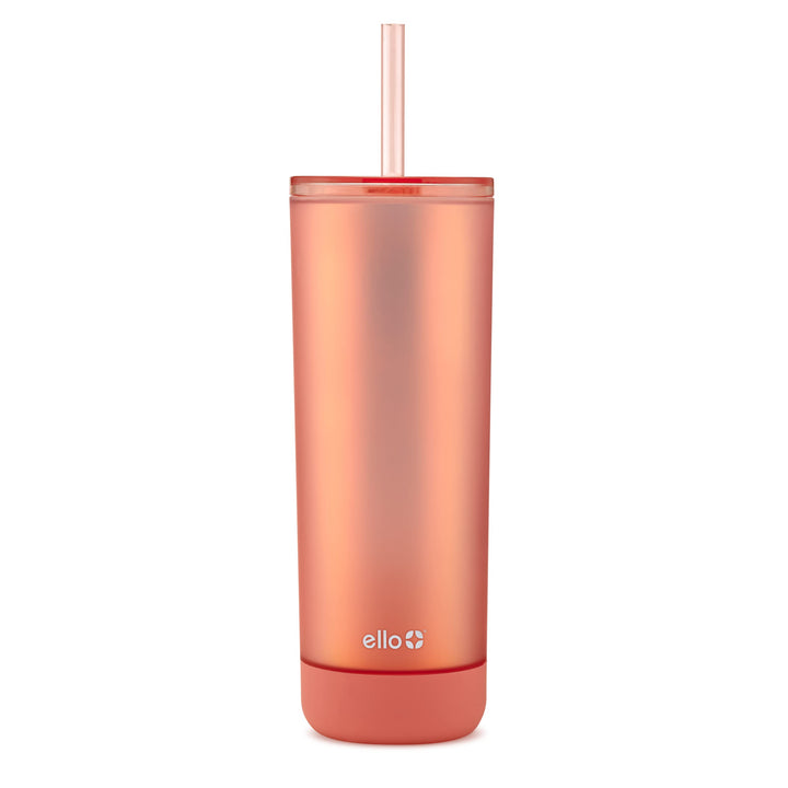 Ello Monterey Double Walled Insulated Plastic Tumbler with Straw and Built-in Coaster, BPA Free, 24oz Flamingo