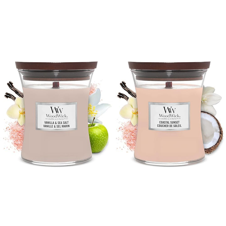 WoodWick Medium Hourglass Candle, Vanilla Sea Salt - Premium Soy Blend Wax, Pluswick Innovation Wood Wick, Made in USA & Medium Hourglass Candle, Coastal Sunset - Premium Soy Blend Wax