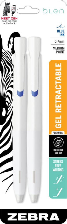 Zebra Pen bLen Retractable Gel Pen, White Barrel, Medium Point, 0.7mm, Blue Ink, 2-Count (41422)