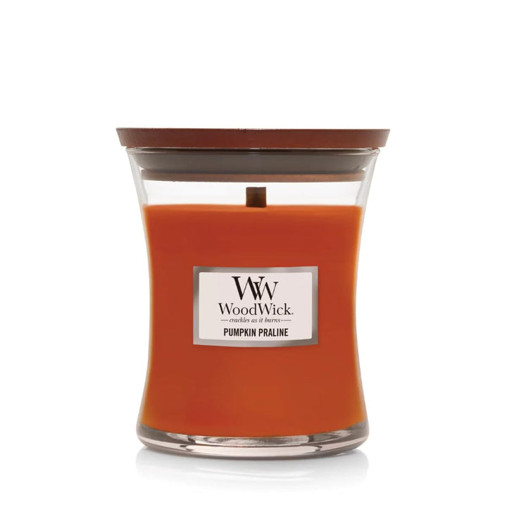 WoodWick Medium Hourglass Candle, Pumpkin Praline - Premium Soy Blend Wax, Pluswick Innovation Wood Wick, Made in USA