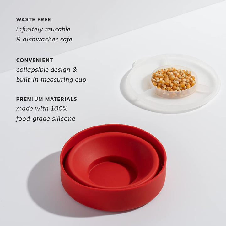 W&P Microwave Silicone Personal Popcorn Popper Maker | Red | Collapsible Bowl w/Built In Measuring Cup, BPA Free, Eco-Friendly, Waste Free, 4 Cups of Popped Popcorn