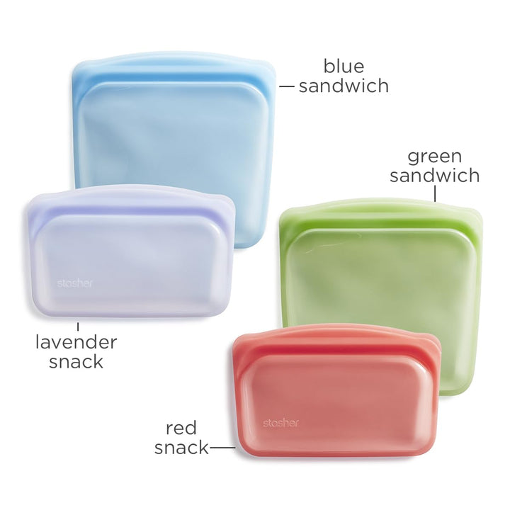 Stasher Reusable Silicone Storage Bag, Food Storage Container, Microwave and Dishwasher Safe, Leak-free, 4-Pack Lunch/Travel Bundle, Rainbow