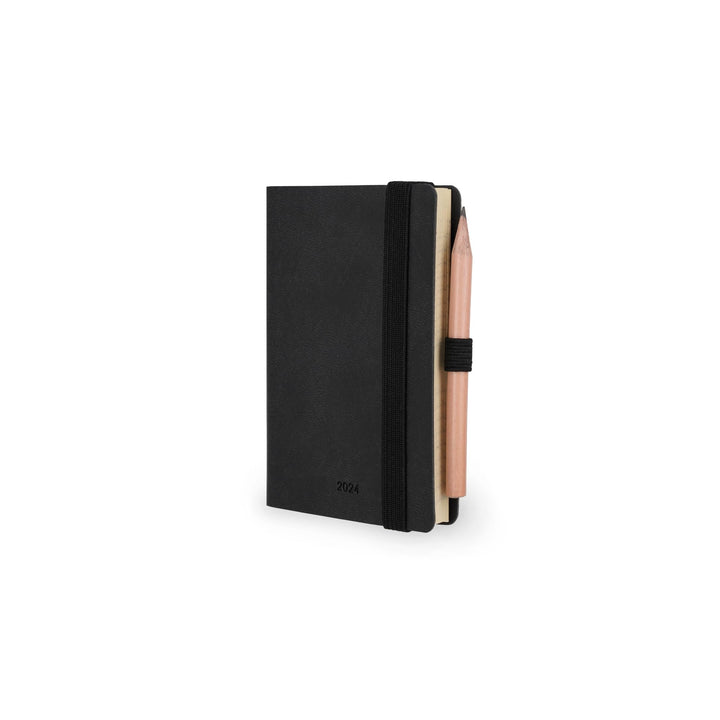 Legami - Mini Black Onyx 12-Month Diary from January 2024 to December 2024, Elastic Closure, January 2025 Monthly Planner, Pencil Included, Address Book, 6.5 x 10 cm