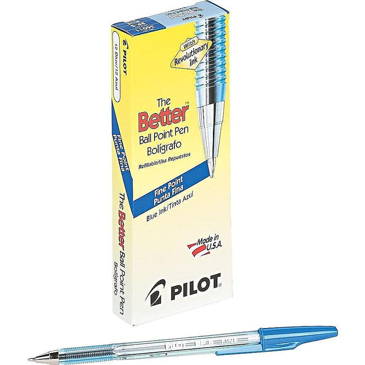 Pilot The Better Ball Point Pen Refillable Ballpoint Stick Pens, Fine Point, Blue Ink, 12-Pack (36011), Dozen Box (0.7mm - Fine)