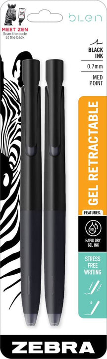 Zebra Pen bLen Retractable Gel Pen, Black Barrel, Medium Point, 0.7mm, Black Ink, 2-Pack (41412)