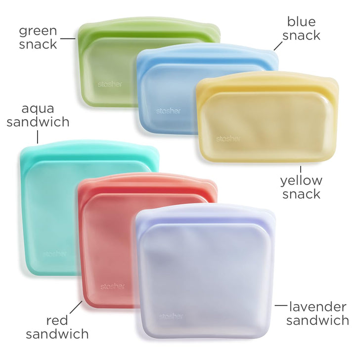 Stasher Reusable Silicone Storage Bag, Food Storage Container, Microwave and Dishwasher Safe, Leak-free, Sandwich + Snack Bundle 6-Pack, Rainbow Multi