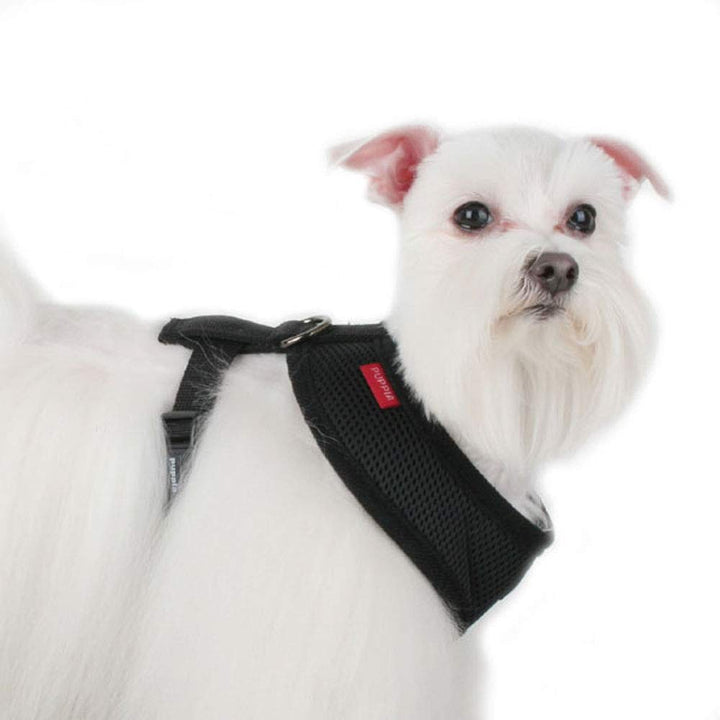 Puppia Soft Dog Harness No Choke Over-The-Head Triple Layered Breathable Mesh Adjustable Chest Belt and Quick-Release Buckle, Black, Medium M (Neck: 12", Girth: 16"-22")