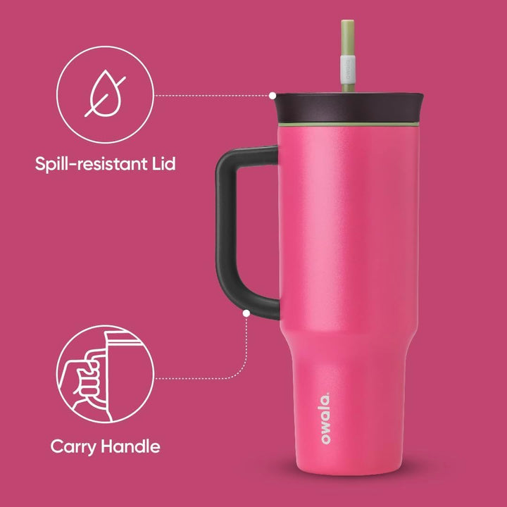 Owala Stainless Steel Triple Layer Insulated Travel Tumbler with Spill Resistant Lid, Straw, and Carry Handle, BPA Free, 40 oz, Pink (Watermelon Breeze)