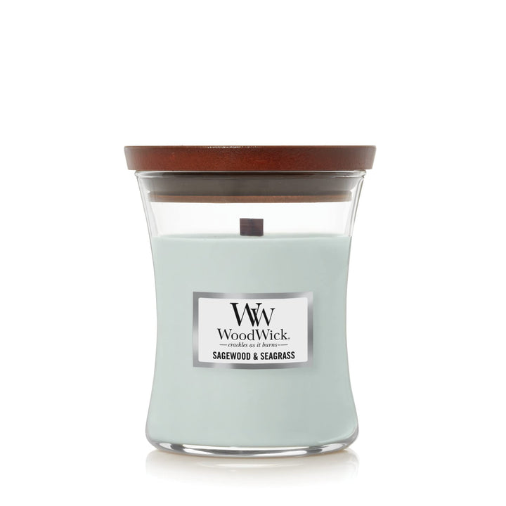 WoodWick Medium Hourglass Candle, Sagewood/Seagrass - Premium Soy Blend Wax, Pluswick Innovation Wood Wick, Made in USA