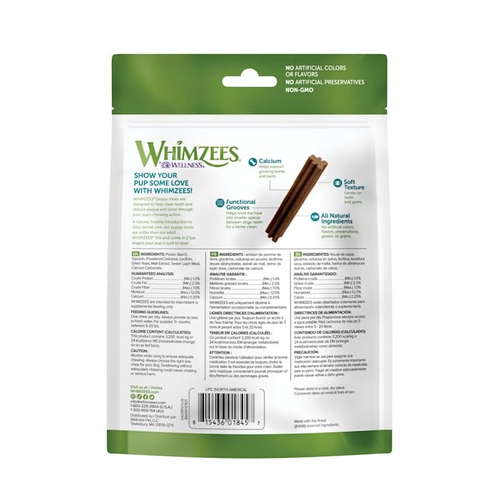 Whimzees by Wellness Dental Treats for Puppies, Natural, Grain Free, Helps to Clean Teeth, Freshen Breath, Reduce Tartar & Plaque, Longer Lasting Chew (M/L) Dental M/L 14 Count (Pack of 1)