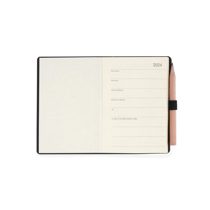 Legami - Mini Black Onyx 12-Month Diary from January 2024 to December 2024, Elastic Closure, January 2025 Monthly Planner, Pencil Included, Address Book, 6.5 x 10 cm