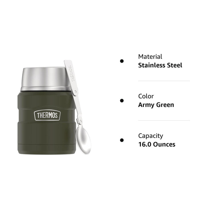 THERMOS Stainless King Vacuum-Insulated Food Jar with Spoon, 16 Ounce, Army Green