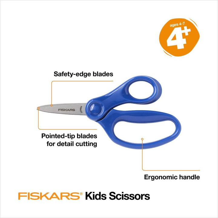 Fiskars 5" Pointed-Tip Scissors for Kids 4-7 - Scissors for School or Crafting - Back to School Supplies - Blue Right-Handed