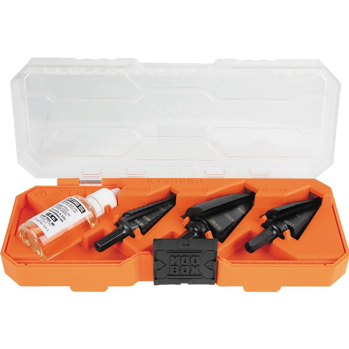 Klein Tools KTSBSPRO Premium 3-Piece Electrician's Step Bit Set with Cutting Oil, Modular Case, 3/8-Inch Hex Shank, Straight Double Fluted Standard 3-Piece Kit