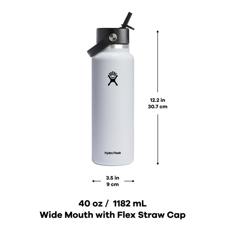 Hydro Flask Stainless Steel Wide Mouth Water Bottle with Flex Straw Lid and Double-Wall Vacuum Insulation White 40 Oz