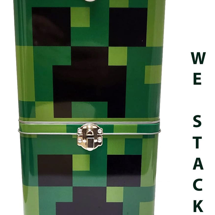 The Tin Box Company Minecraft Stack Store and Carry Tin. Stackable Tin Box with Handle,Green, Storage Box, 5.75" Height, Clasp and Hinge on Lid