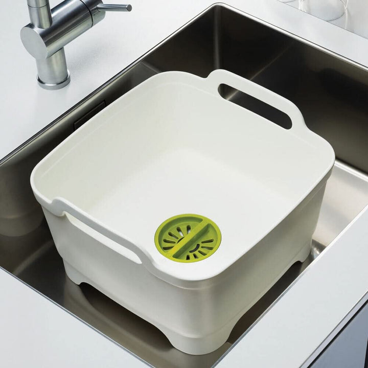 Joseph Joseph Wash & Drain Kitchen Dish Tub Wash Basin with Handles and Draining Plug, 9 liters, White White/Green