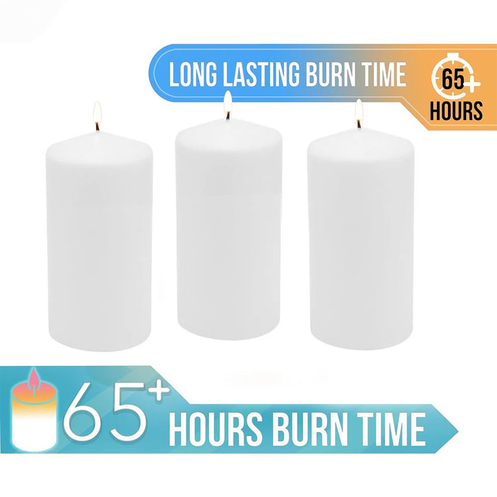 Stonebriar 3 Pack Tall 3 x 6 Inch 65 Hour Long Burning Unscented White Wax Pillar Candles 3x6 3.0