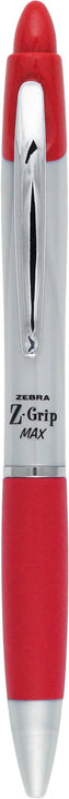 Zebra Z-Grip MAX Ballpoint Pen, Retractable, Medium 1 mm, Red Ink, Silver Barrel, 12/Pack