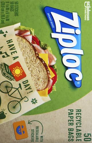 Ziploc Paper Sandwich and Snack Bags, Recyclable & Sealable with Fun Designs, 50 Count