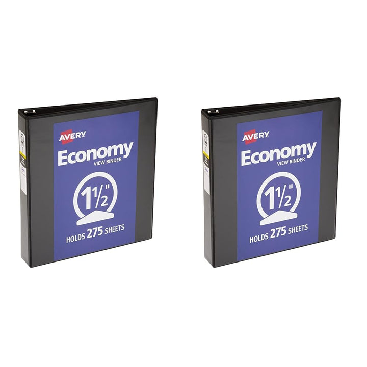 Avery Economy View 3 Ring Binder, 1.5" Round Rings, 1 Black Binder (05771) (Pack of 2) 1.5 Inch (Pack of 2)