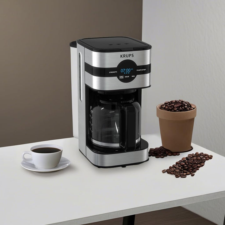 Krups Coffee Maker 10 Cups Digital Simply Brew Stainless Steel Drip Coffee Maker 900 Watts Digital Control, Coffee Filter, Drip Free, Dishwasher Safe Pot Silver and Black 10-Cup Glass & Digital