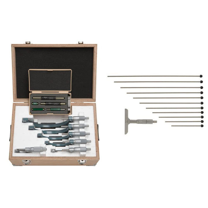 Mitutoyo 103-907-40 Outside Micrometer Set with Standards, 0-6" Range, 0.0001" Resolution, 6 Pieces & 129-132, 0 - 6" X .001" Depth Micrometer, 4" Base Micrometer Set + Micrometer 129-132