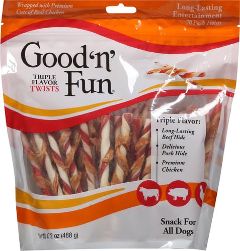 Good 'N' Fun Triple Flavor Twist Rawhide Treats For Dogs, 70 count Triple Flavor Twists 70 Count (Pack of 1)