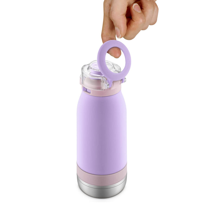 Ello Emma 14oz Vacuum Insulated Stainless Steel Kids Water Bottle with Straw and Built-in Carrying Handle and Leak-Proof Locking Lid for School Backpack, Lunchbox and Outdoor Sports, Lilac