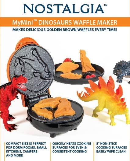 Nostalgia MyMini Dinosaurs Shape Electric Waffle Maker, 5-Inch Non-Stick Griddle for Waffles, Hash Browns, Eggs, and More, Orange