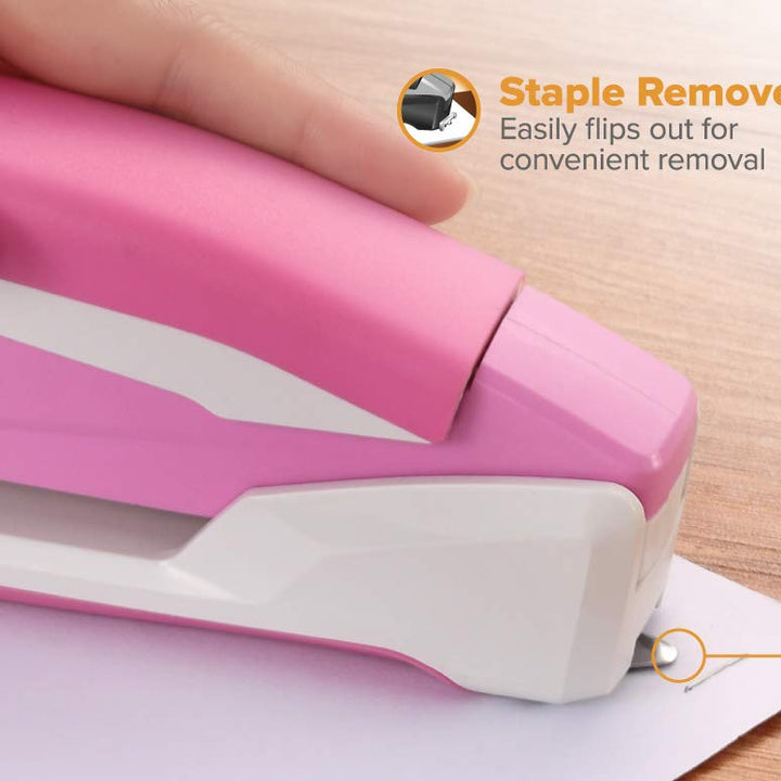 Bostitch Office InPower Spring-Powered Desktop Stapler, 20 Sheet Capacity, One Finger Stapling, Includes 210 Staples, Jam Free, Opens for Tacking, Breast Cancer Awareness Pink